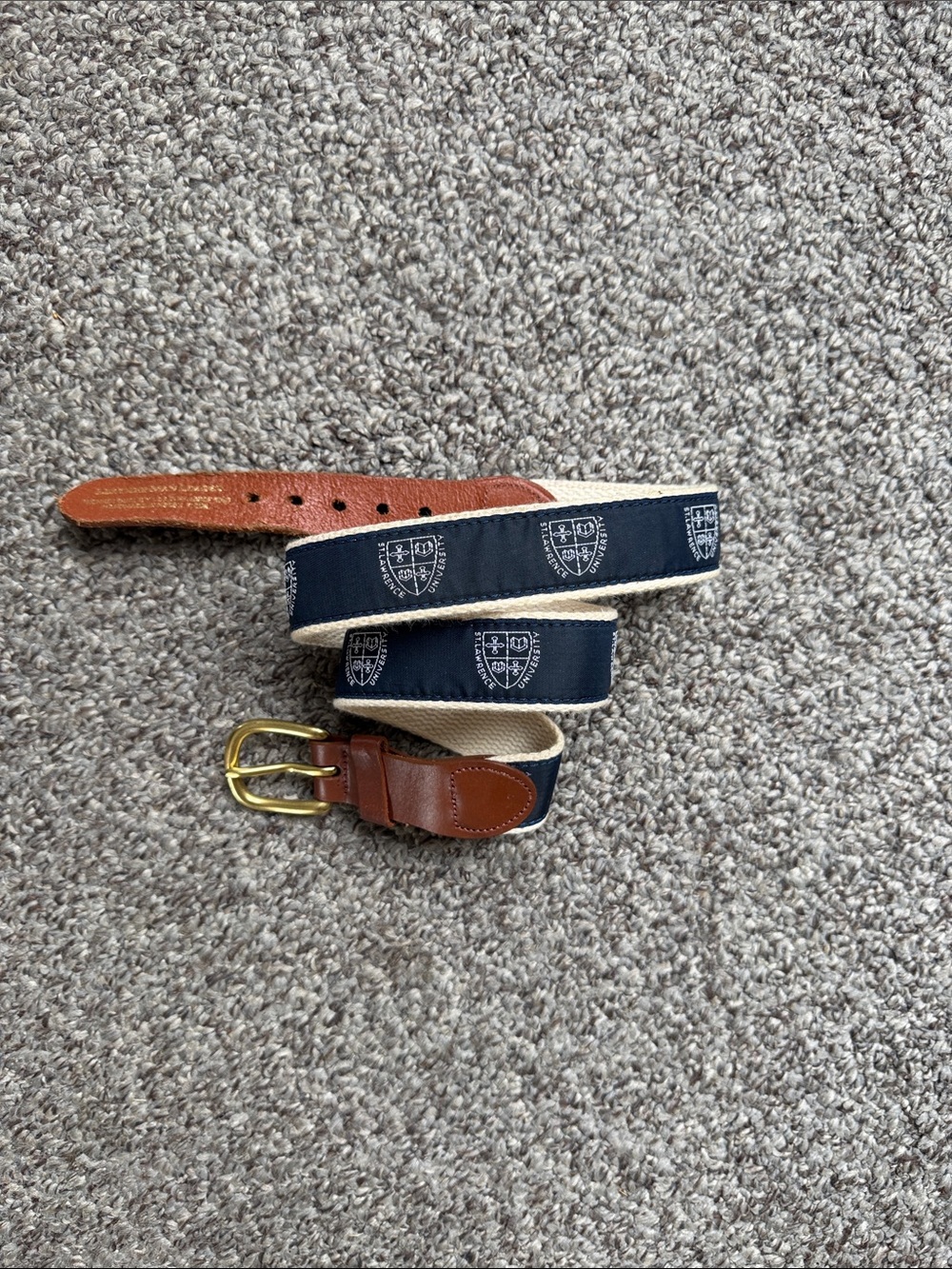 Navy Canvas Belt Brown Leather Accents & Brass Buckle St. Lawrence University